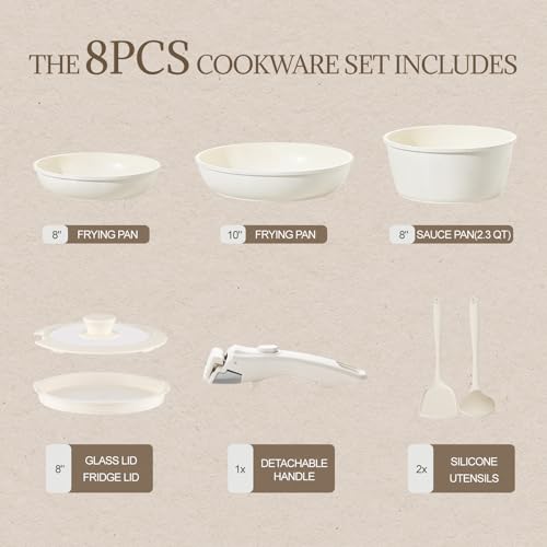 Ceramic Cookware Set Non Stick 8Pcs Pots and Pans Set Detachable Handle Induction Kitchen Cooking Set with Frying Pans Oven Dishwasher Safe (Cream White)