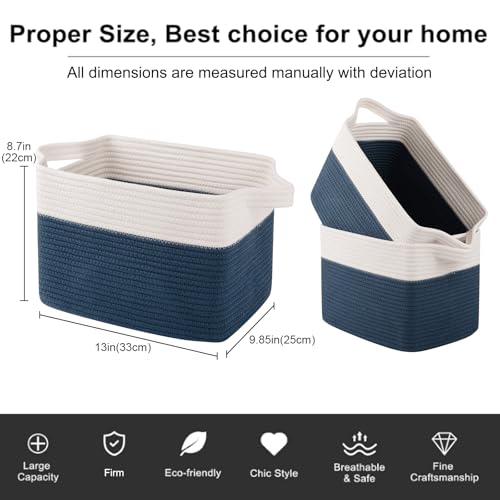 Cotton Rope Storage Baskets for Organizing Blue & White 3 (Blue & White / 3 pcs-13”x9.9”x8.7”)