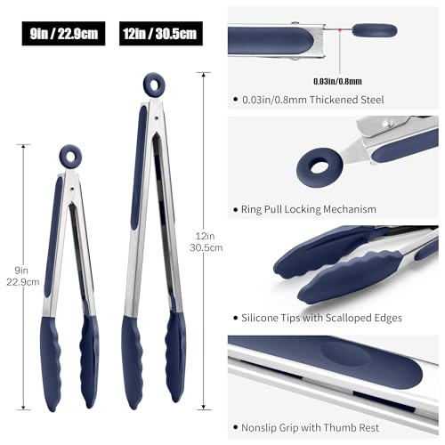 Kitchen Tongs with Silicone Tips for Cooking Serving (Set of 2 (9+12in) / Navy Blue)