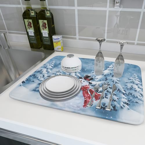 Blue Snowman Dish Drying Mat Winter Pine Tree Drainer Rack Mats 18x24 Inch Absorbent Fast Dry Dish Pad Protector Kitchen Counter Accessories (Winter Blue Snowman / 18" x 24")