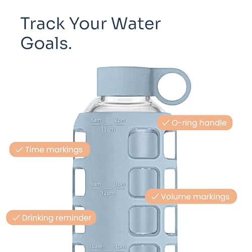 40oz / 32oz / 22oz / 12oz Borosilicate Glass Water Bottle with Time & Volume Markers, Silicone Sleeve, Stainless Steel Lid | Reusable Glass Bottle for Water & Juice (22oz Ice Blue) (Ice Blue (1 Count) / 22 Ounces)