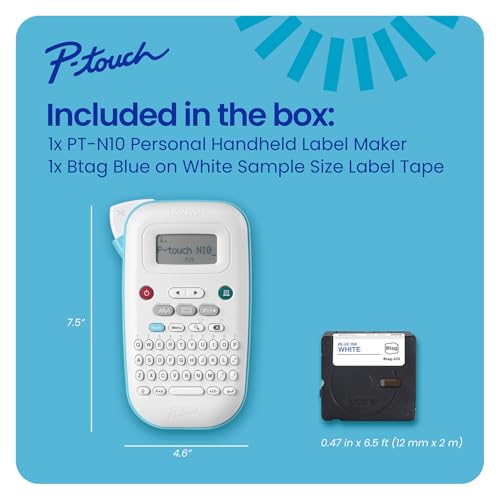 P-Touch PT-N10 Personal Handheld Label Maker, Portable and Prints, P-Touch Btag ~½” (12mm) Wide Color Personalized Label Tapes