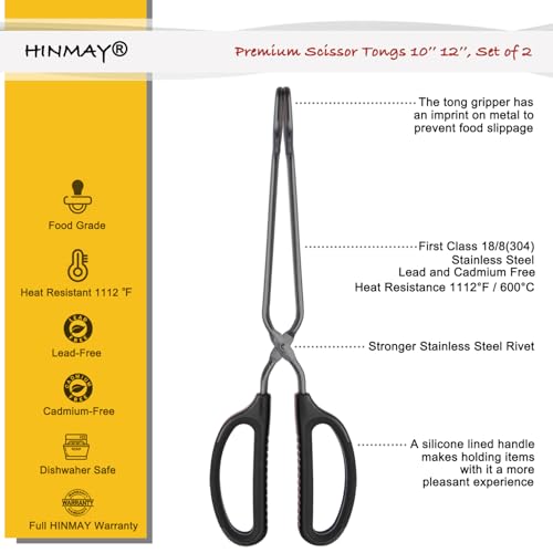 Stainless Steel Kitchen Scissor Tongs 10" and 12" Set (10-Inch + 12-Inch / Black)