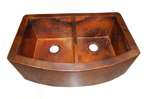 Rounded Apron Front Farmhouse Kitchen Double Bowl Mexican Copper Sink 50