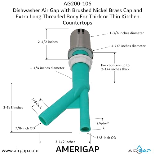 Dishwasher Air Gap with Skirted Brushed Nickel Brass Cap and Extra Long Threaded Body for Thick or Thin Kitchen Countertops (AG200-106)