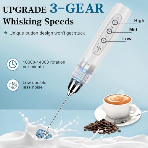 Milk Frother Wand Rechargeable Handheld Whisk Coffee 3 Speed Adjustable (Frother with stand / White)