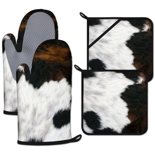 Brown Cowhide Oven Mitts and Pot Holders Sets Heat Resistant 4Pcs Potholders Oven Gloves Hot Pads for Kitchen Baking Cooking Grilling BBQ (Brown Cowhide)