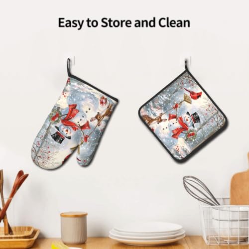 Winter Snowman Oven Mitts and Pot Holder Set of 2 Red Bird Berry Decorative Oven Gloves Heat Resistant Kitchen Hot Pads for Baking Cooking (Winter Snowman Deer)