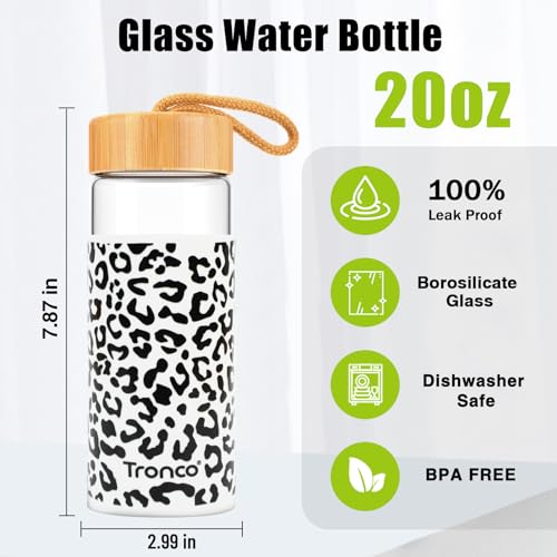 20 oz Glass Water Bottles with Lids (BlackWhite Leopard / 20 Ounces)