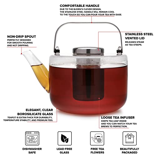 Viva Bjorn Borosilicate Glass Tea Pot for Stovetop with Loose Leaf Tea Infuser Mesh (Large Teapot)
