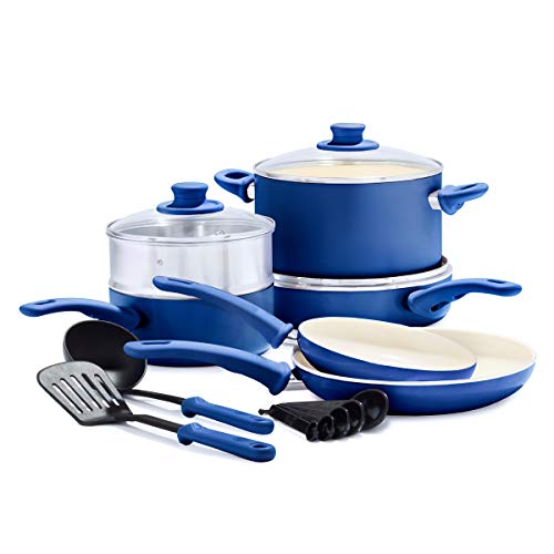 Soft Grip Healthy Ceramic Nonstick 12 Piece Cookware Pots and Pans Set (12 Piece Cookware Set / Blue)