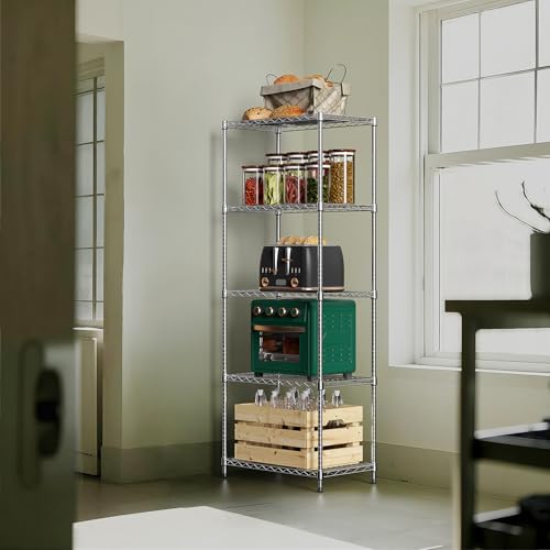 1250 lbs 5 Tier Shelf Metal Storage Shelves Wire Rack Closet Organizers with Wheel for Garage Kitchen Bathroom Laundry Chrome 13.7" D x 23.6" W x 62.4" H (5 Count)