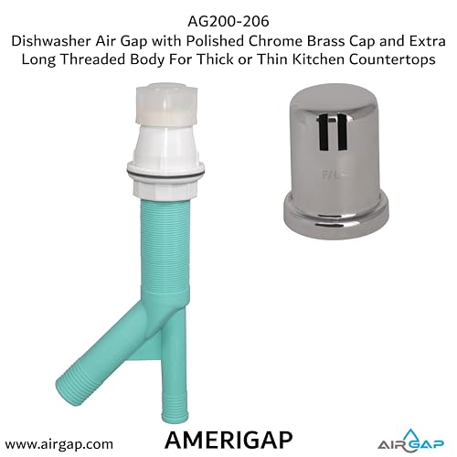 Dishwasher Air Gap with Skirted Polished Chrome Brass Cap and Extra Long Threaded Body for Thick or Thin Kitchen Countertops (AG200-206)
