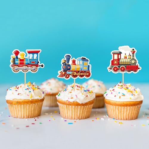 24Pcs Transportation Trains Cupcake Toppers Cartoon Vintage Locomotiv Cupcake Picks for Retro Train Boys Girls Funny Birthday Party Baby Shower Cupcake Decorations Train Transportation Party Decors (Red)