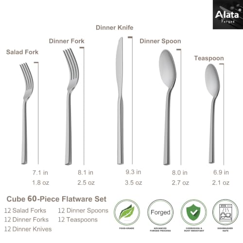 Cube 60 Piece Forged Stainless Steel Flatware Set Cutlery Set (Silver / 60 pieces for 12)