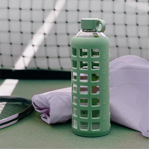 40oz / 32oz / 22oz / 12oz Borosilicate Glass Water Bottle with Time & Volume Markers, Silicone Sleeve, Stainless Steel Lid | Reusable Glass Bottle for Water & Juice (32oz Shale Green) (Shale Green (1 Count) / 32 Ounces)