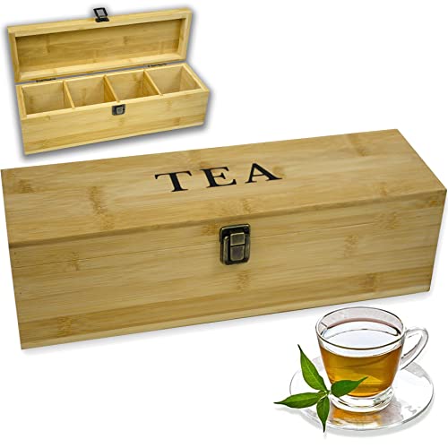 Bamboo Tea Organizer Box Chemical Free Eco (4-Slot Across / TEA Stamp)