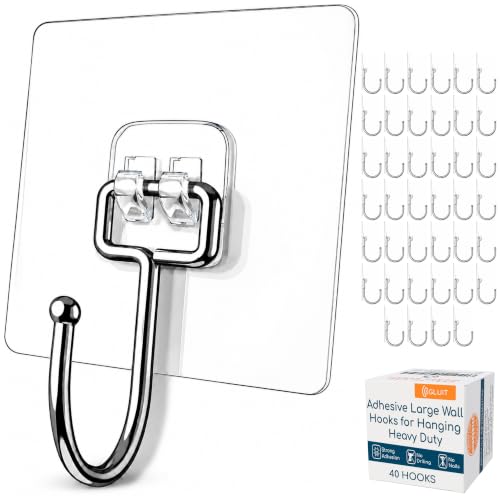 Adhesive Large Wall Hooks for Hanging Heavy Duty No Drill (Large, 40 pcs)
