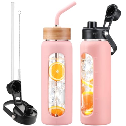 24oz Glass Water Bottle with Straw and 2 Lids (Pink / 24 Ounces)