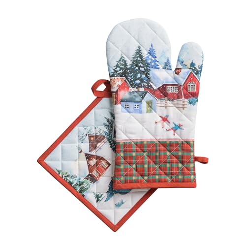 100% Cotton Oven Mitt & Pot Holder Set (125 - Megeve / 7.5" x 13" & 8" x 8" (Oven Mitt & Pot Holder))