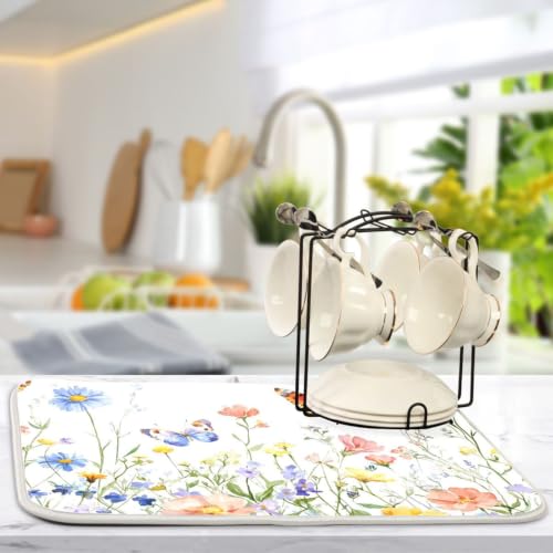 Wildflowers Butterfly Dish Drying Mat for Kitchen Counter Absorbent Microfiber Drying Pad (18" x 24")