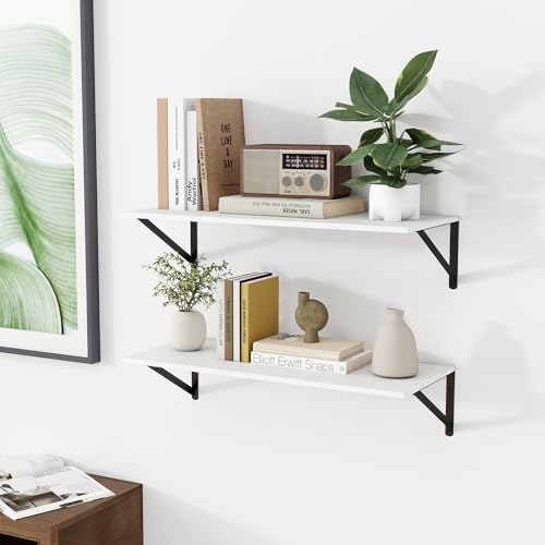 28W x 12D Deep Floating Shelves Set of 2 White (White With Black Metal Bracket / 28Wx12Dx5.8H)