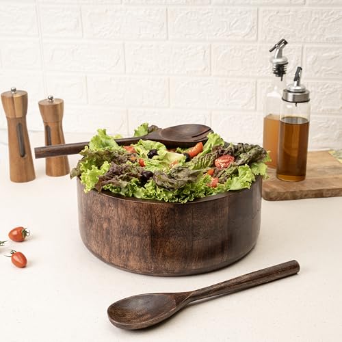 12" Dark Burnt Wooden Salad Bowl Set with Serving Utensils Eco (Dark Burnt / Extra Large)