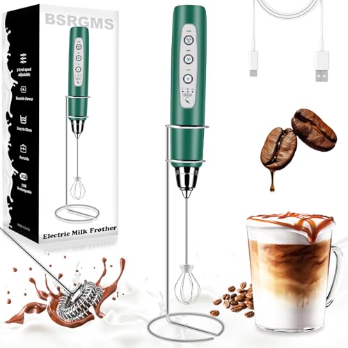 Milk Frother Wand Rechargeable Handheld Whisk Coffee 3 Speed Adjustable (Frother with stand / Green)