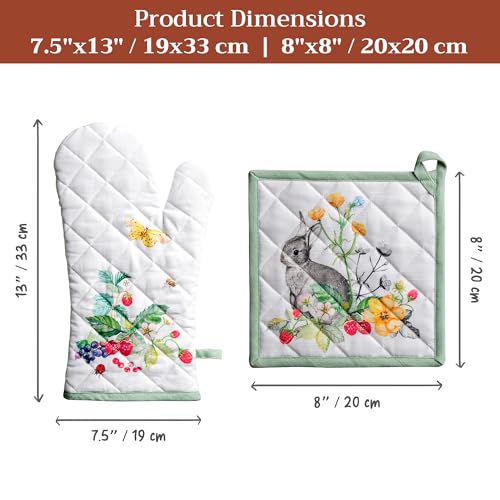 100% Cotton Oven Mitt & Pot Holder Set (035 - Printemps / 7.5" x 13" & 8" x 8" (Oven Mitt & Pot Holder))