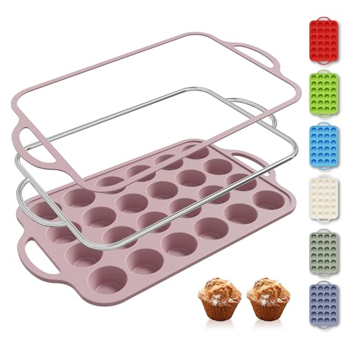 24 Cups Silicone Muffin Pan with Metal Reinforced Frame Cupcake Tray Egg Mold for Kitchen 2025 First Apartment Essentials New Home Must Haves Things House Warming Decor Housewarming Hostess Host Gifts (1pc: 24-Cup Mini / Morandi Pink)