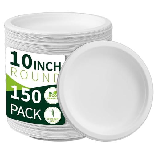 10 Inch Compostable Paper Plates【White 150 Pack】 (White / 10inch)
