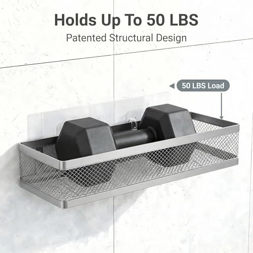 5-in-1 16.5" Extra Long Slim Wall Mount Wrapped Mesh Kitchen Organizer & Shower Caddy Kit, with Paper Towel Holder, Utensil Holder, Soap Dish, Holds 50LBS - Silver Gray, Netting (Silver Grey / 5-in-1 Full Mesh (16.5" Extra Long))