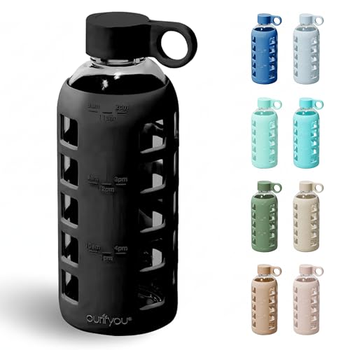 40oz / 32oz / 22oz / 12oz Borosilicate Glass Water Bottle with Time & Volume Markers, Silicone Sleeve, Stainless Steel Lid | Reusable Glass Bottle for Water & Juice (22oz Jet Black) (Jet Black (1 Count) / 22 Ounces)