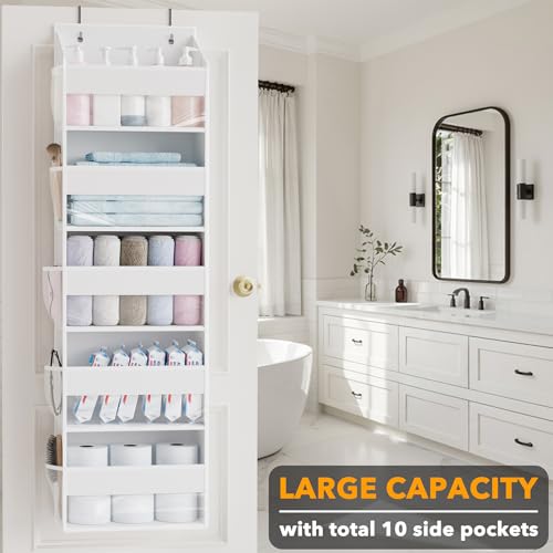 2 Pack Over The Door Organizer with 5 Large Pockets and 10 Mesh Side Pockets (2 Pack / White)