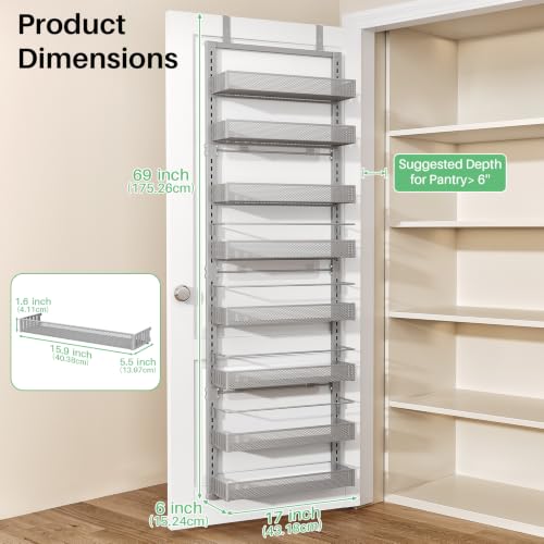 8 Tiers Over the Door Organizer (Grey / 17" W x 6" D x 69" H)
