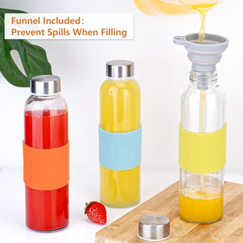 18oz Glass Juice Bottles with Stainless Steel Lid Leak Proof 12 Pack (Vibrant Sleeve 12)