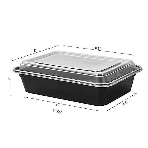 32 oz 50Pack Plastic Meal Prep Food Storage Containers with Lids Reusable 1 Compartment To Go Lunch Box Black Extra Large &Thick Microwave Freezer Safe BPA Free Stackable (32S-50)