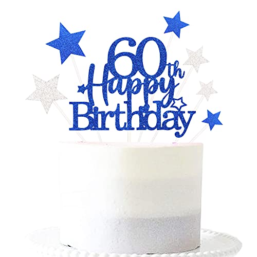 Royal Blue 60th Birthday Cake Topper with Glittery Stars (7 Count)