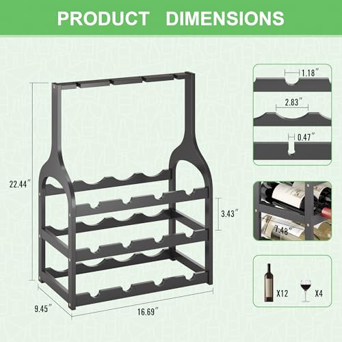 Bamboo Wine Rack Countertop (Black 3-tier With Glass Holder)