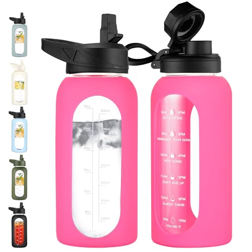 32 oz Glass Water Bottle with Straw (Camelia / 32 Ounces)