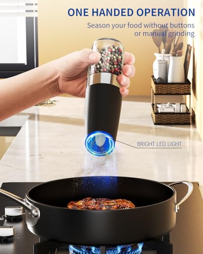 Gravity Electric Salt and Pepper Grinder Set Automatic Salt and Pepper Grinder Set with LED Light (Battery / Black Set)