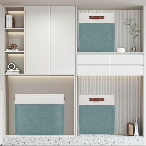 Large Rectangular Baskets for Blankets 51L Canvas Storage Baskets for Organizing 3 Pack Collapsible Baskets Bins for Organizing Home Office with Handles (White&Dark Green / XXL-17"x12"x15")