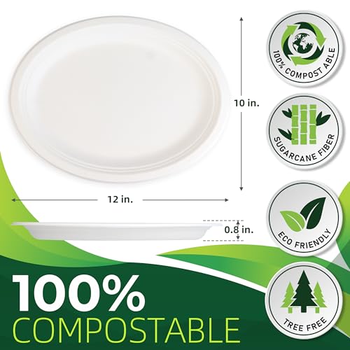 100PCS 100% Compostable White Oval Paper Plates (White / 12in Oval(100count))