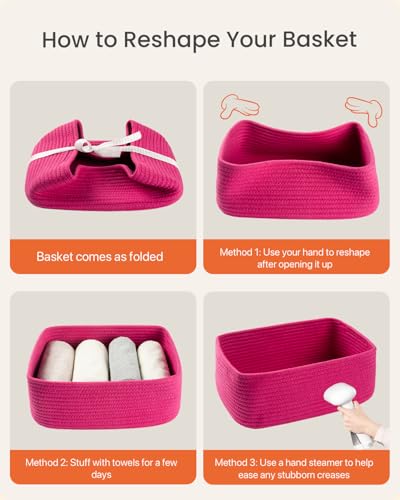 Small Woven Storage Basket for Organizing (Hot Pink / 13.5"L x 9.5"W x 5"H)
