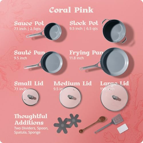 Premium Non Toxic Ceramic Cookware Set (12 Piece Kit / Coral Pink)