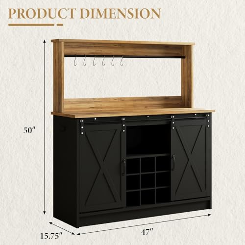 47" Farmhouse Coffee Bar Cabinet with Storage Hutch (47Inch / Black)