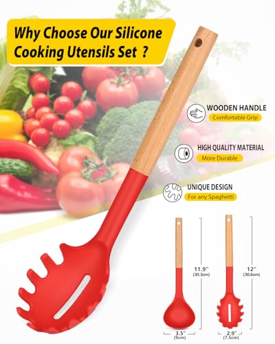 Silicone Soup Ladle and Pasta Spoon Set with Wooden Handle (2 Count)