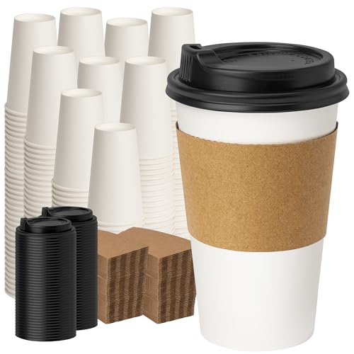 16 oz 500 Pack Disposable Coffee Cups with Lids & Sleeves (White-Kraft Sleeves / 16 oz)