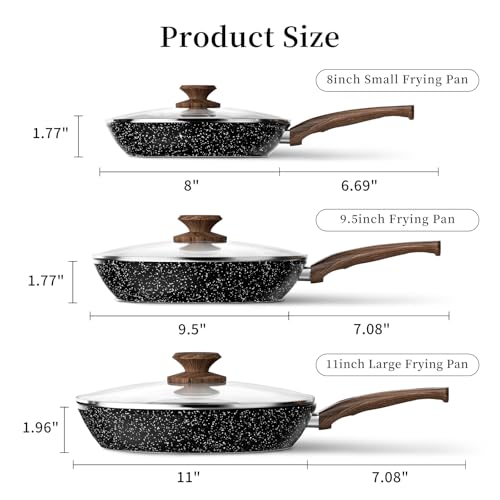 Nonstick Ceramic Frying Pans Skillets Set with Lid 8"+9.5"+11" (Black)