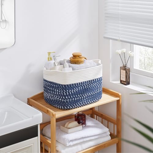 Cotton Rope Storage Baskets for Organizing White Blue 3 (White Blue / 3 pcs-13”x9.9”x8.7”)